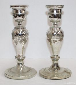 Vintage: CANDELEROS DEL SIGLO XIX EN CRISTAL DE MERCURIO Y DECORACIONS GRABADAS. LA GRANJA